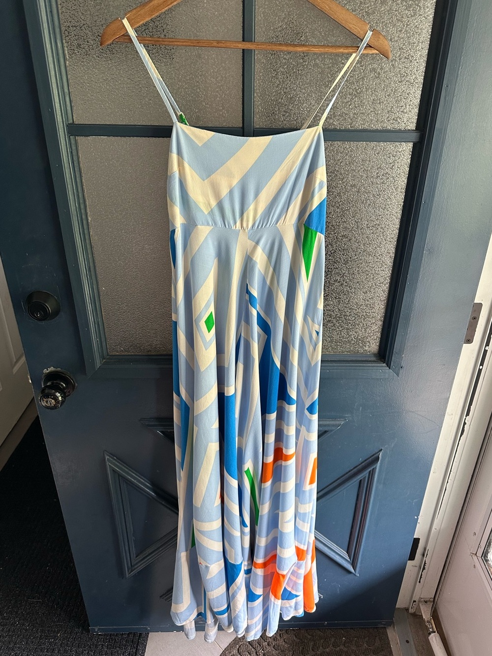 Olivaceous Light Blue Geometric Print Maxi Dress with Multicolor Accents